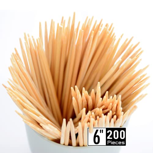 WISYOK 6" Bamboo Skewers, Bamboo Sticks, Wood Skewers for Kabob, BBQ, Marshmallow, Hot dogs, Smores, Appetiser, Chocolate Fountain, Φ=4mm (200 PCS)