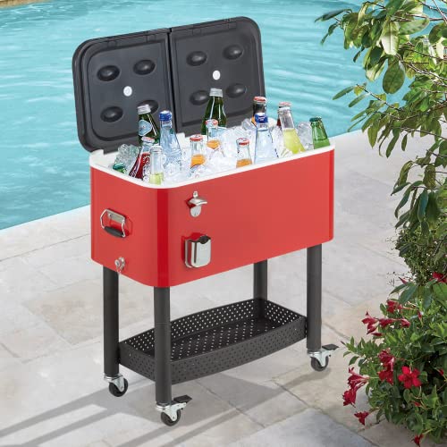 YOLENY 80 Gallon Rolling Cooler Cart Bottom Rack, Removable Stand, Fit in a Car, Rolling Freezer with Wheels, Backyard Cooler Trolley, Bottle Opener, Drain Plug, and Locking Wheels, Red