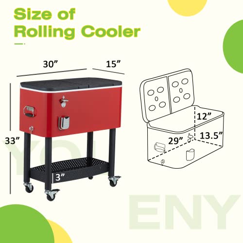 YOLENY 80 Gallon Rolling Cooler Cart Bottom Rack, Removable Stand, Fit in a Car, Rolling Freezer with Wheels, Backyard Cooler Trolley, Bottle Opener, Drain Plug, and Locking Wheels, Red