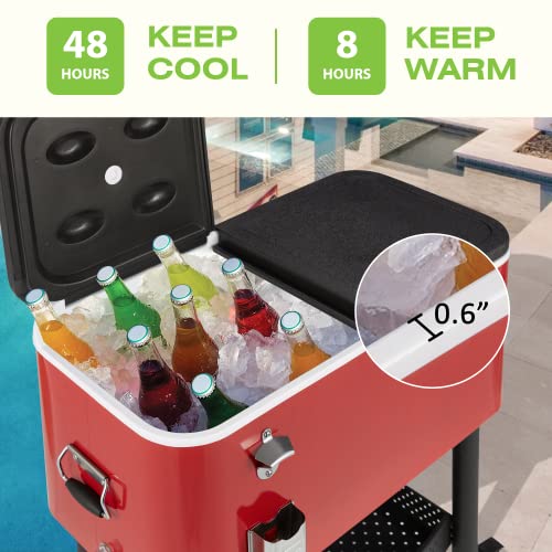 YOLENY 80 Gallon Rolling Cooler Cart Bottom Rack, Removable Stand, Fit in a Car, Rolling Freezer with Wheels, Backyard Cooler Trolley, Bottle Opener, Drain Plug, and Locking Wheels, Red