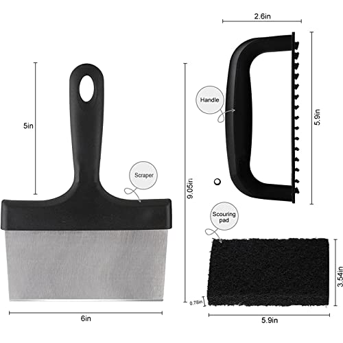 Grill Cleaning Kit, Heavy Duty Grill Scraper Stainless Steel, Food Scraper Tool Kitchen, Griddle Scrubber Scouring Pad Handle, Griddle Cleaning Brush for Charcoal, Grills, Cast Iron Cookware, Oven,Etc