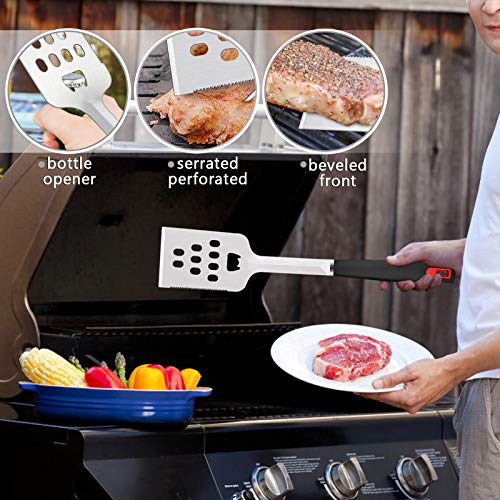 HaSteeL BBQ Grill Accessories Set of 7, Stainless Steel Grilling Tools Set with Storage Bag, Heavy Duty Grill Spatula, Tong, Fork, Basting Brush, Cleaning Brush, Dishwasher Safe & Man’s Gift