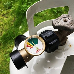 Premium Gauge Master Propane Tank Gauge Gas Meter - Cylinder Gas Level Indicator Adapter - Suitable for All BBQ Grill, RV Camper & Appliances - Type 1 Connection - Includes Cover Cap & Leak Detector