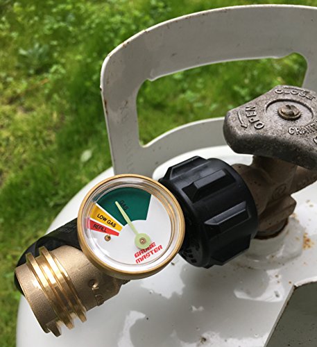 Premium Gauge Master Propane Tank Gauge Gas Meter - Cylinder Gas Level Indicator Adapter - Suitable for All BBQ Grill, RV Camper & Appliances - Type 1 Connection - Includes Cover Cap & Leak Detector