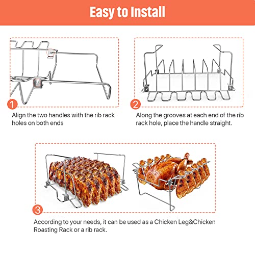 3 in 1 Extra Large Rectangle Rib Rack&Chicken Leg Rack with Brush, Stainlesss Steel Roasting Rack with 2 Handle for Smoker, Oven and Grill, Holds Up to 5 Ribs, Easy to Use&Clean