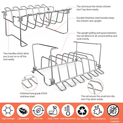 3 in 1 Extra Large Rectangle Rib Rack&Chicken Leg Rack with Brush, Stainlesss Steel Roasting Rack with 2 Handle for Smoker, Oven and Grill, Holds Up to 5 Ribs, Easy to Use&Clean