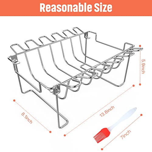 3 in 1 Extra Large Rectangle Rib Rack&Chicken Leg Rack with Brush, Stainlesss Steel Roasting Rack with 2 Handle for Smoker, Oven and Grill, Holds Up to 5 Ribs, Easy to Use&Clean