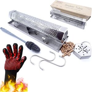 fmoon upgraded pellet smoker tube with cold/hot smoking place platforms ,12″ wood pellet tube smoker with heat resistant glove and 2 hooks and 1 brush and 1 smoke tube cover