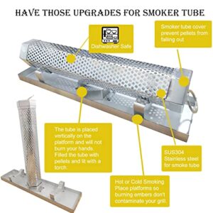 FMOON Upgraded Pellet Smoker Tube With Cold/Hot Smoking Place Platforms ,12" Wood Pellet Tube Smoker With Heat Resistant Glove and 2 Hooks and 1 Brush and 1 Smoke Tube Cover