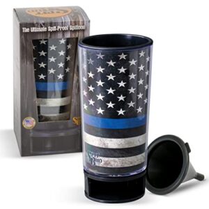 blue lives matter by spit bud – the ultimate spittoon for chew – portable dip & snuff cup with lid, pop tab, spill-proof funnel, can cutter & holder – fit in cup holders – holds 8oz – made in usa