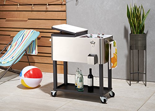 TRINITY Stainless Steel Beverage Cooler and Ice Chest with Wheels and Built-in Bottle Opener, Rolling Cart with Shelf for Patio, Outdoor Bar, Catering, and Restaurants, 100 Quart Capacity