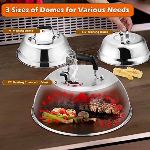 3Pcs Basting Cover & Burger Press Set, Leonyo 12" & 9" & 6.5" Round Cheese Melting Dome, Heavy Duty Griddle Dome Steam Lids, Stainless Steel Bacon Press for BBQ Flat Top Grill Cast Iron