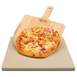 unicook pizza stone and peel, 16 x 14 inch baking stone for grill oven, thermal shock resistant cooking stone for making crisp crust pizza bread, includes wooden pizza peel