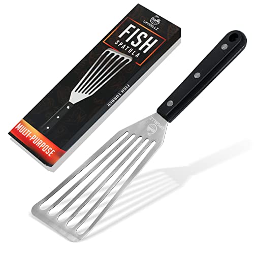 Fish Spatula 12.6 inch Stainless Steel - Fish Turner with Heat Resistant Handle - Premium Spatulas for Cooking Fish, Meat, Eggs - BBQ Slotted Turner with ABS Solid Handle and Hanging Hole