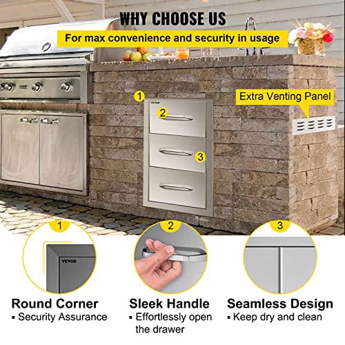 Happybuy 17''W x 30''H Triple Access Stainless Steel with Chrome Handle BBQ Island Drawers for Outdoor Kitchen or Grill Station