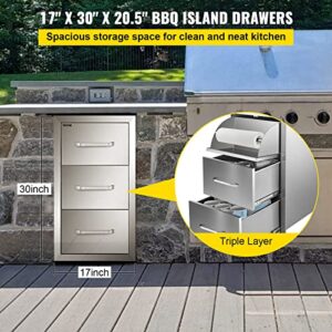 Happybuy 17''W x 30''H Triple Access Stainless Steel with Chrome Handle BBQ Island Drawers for Outdoor Kitchen or Grill Station