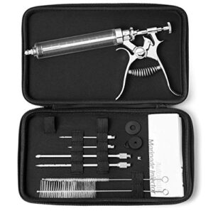 j&b goods professional automatic bbq meat marinade injector gun kit with case, 2 oz large capacity barrel and 4 commercial grade marinade needles.