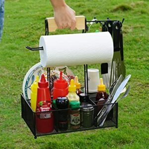 Large Grill Utensil Caddy, HYKTON Picnic Camping BBQ Organizer for Camping Outdoor Mesh Basket with 5 Hanging Hooks and Paper Towel Holder, Ideal Table Storage Tools for RV Camper/Tailgating/Flatware