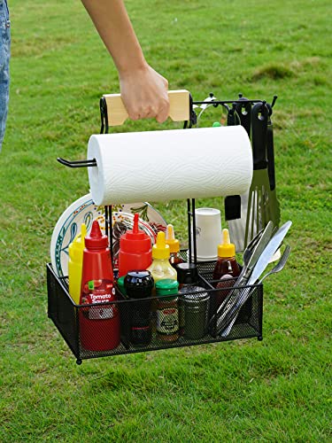 Large Grill Utensil Caddy, HYKTON Picnic Camping BBQ Organizer for Camping Outdoor Mesh Basket with 5 Hanging Hooks and Paper Towel Holder, Ideal Table Storage Tools for RV Camper/Tailgating/Flatware