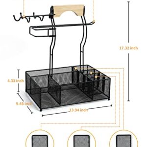 Large Grill Utensil Caddy, HYKTON Picnic Camping BBQ Organizer for Camping Outdoor Mesh Basket with 5 Hanging Hooks and Paper Towel Holder, Ideal Table Storage Tools for RV Camper/Tailgating/Flatware