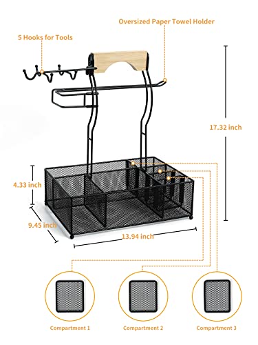 Large Grill Utensil Caddy, HYKTON Picnic Camping BBQ Organizer for Camping Outdoor Mesh Basket with 5 Hanging Hooks and Paper Towel Holder, Ideal Table Storage Tools for RV Camper/Tailgating/Flatware