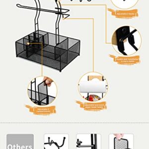 Large Grill Utensil Caddy, HYKTON Picnic Camping BBQ Organizer for Camping Outdoor Mesh Basket with 5 Hanging Hooks and Paper Towel Holder, Ideal Table Storage Tools for RV Camper/Tailgating/Flatware