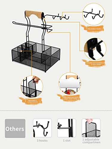 Large Grill Utensil Caddy, HYKTON Picnic Camping BBQ Organizer for Camping Outdoor Mesh Basket with 5 Hanging Hooks and Paper Towel Holder, Ideal Table Storage Tools for RV Camper/Tailgating/Flatware