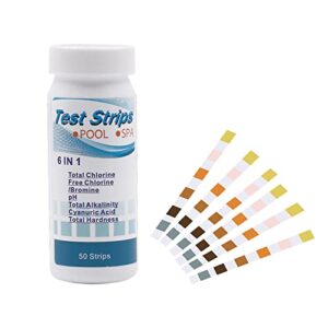6 in 1 swimming pool & spa test strips 50 count spa test strips for hot tub quick & accurate pool test strips for total chlorine/free chlorine/cyanuric acid/total hardness/ph/total alkalinity