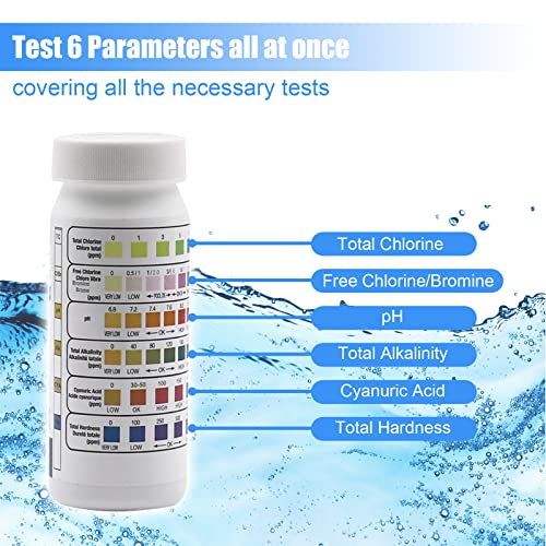 6 in 1 Swimming Pool & Spa Test Strips 50 Count Spa Test Strips for Hot Tub Quick & Accurate Pool Test Strips for Total Chlorine/Free Chlorine/Cyanuric Acid/Total Hardness/PH/Total Alkalinity