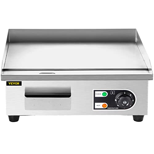 VEVOR Commercial Electric Griddle, 18" Teppanyaki Grill, 1600W Electric Flat Top Grill, Stainless Steel Electric Countertop Griddle w/Drip Hole, 50-300℃ Countertop Griddle for Pancake, Chicken