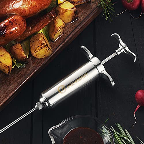 JY COOKMENT Meat Injector Syringe 2-oz Marinade Flavor Barrel 304 Stainless Steel with 3 Professional Needles 2 Cleaning Brushes and 4 Silicone O-Rings