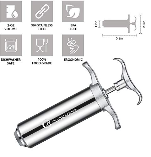 JY COOKMENT Meat Injector Syringe 2-oz Marinade Flavor Barrel 304 Stainless Steel with 3 Professional Needles 2 Cleaning Brushes and 4 Silicone O-Rings