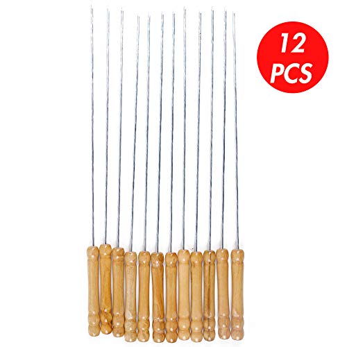 HAKSEN 12 PCS Barbecue Skewers with Wood Handle Marshmallow Roasting Sticks Meat Hot Dog Fork Best for BBQ Camping Cookware Campfire Grill Cooking, Stainless Steel,12 Inches(Including Handle)