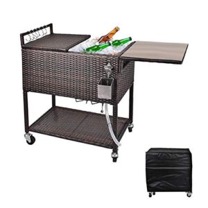 hosfo 80 quart outdoor rolling patio cooler cart on wheels, portable wicker ice chest, rattan beverage bar for patio deck party, drink cooler cart with bottle opener, cutting board, cover (brown)