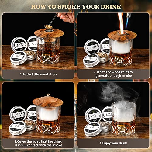 Cocktail Whiskey Drink Smoker Kit – 4 Flavors Wood Chips, Old Fashioned Chimney Drink Smoker Set for Infuse Bourbon, Cocktails, Whiskey, Wine, Meat, Cheese, Ideal Gifts for Men, Husband, Dad, Christmas