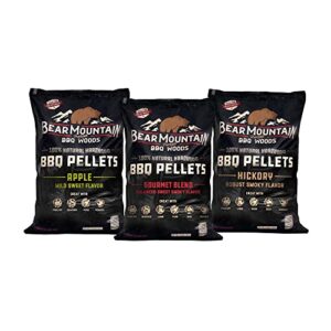 bear mountain bbq all natural hardwood gourmet blend, hickory, and apple smoker pellets for outdoor grilling, 20 pound bag each