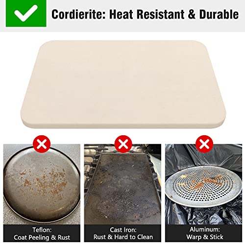 KORCCI Pizza Stone 15 x 12In, Free Wooden Pizza Peel Paddle, Rectangular Pizza Stone for Oven Baking & BBQ Grilling. Cordierite Thermal Shock Resistant Cooking Stone, Durable and Safe