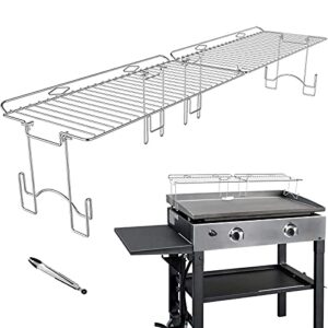 rusfol durable stainless steel griddle warmimg rack with a food tong, compatible with 36″ blackstone griddle, keep your food warm & spa ce saving bbq accessories, free from drill hole&easy to install