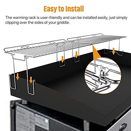 RUSFOL Durable Stainless Steel Griddle Warmimg Rack with a Food Tong, Compatible with 36" Blackstone Griddle, Keep Your Food Warm & Spa ce Saving BBQ Accessories, Free from Drill Hole&Easy to Install