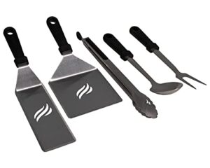 blackstone 5045 flat top griddle accessories 5 pieces tool kit – heat resistant bbq grilling utensils- 5″ wide hamburger spatula, 3″ wide spatula, 14″ tongs, 14″ serving & basting spoon, 14″ fork