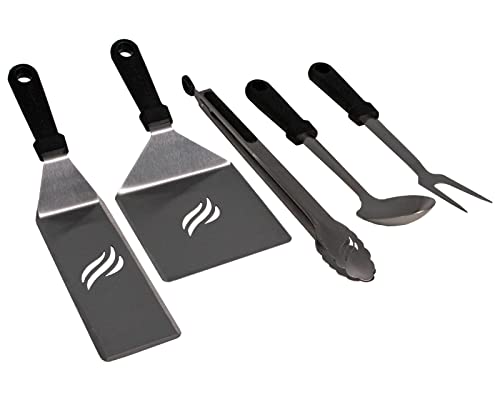 Blackstone 5045 Flat Top Griddle Accessories 5 Pieces Tool Kit - Heat Resistant BBQ Grilling Utensils- 5" Wide Hamburger Spatula, 3" Wide Spatula, 14" Tongs, 14" Serving & Basting Spoon, 14" Fork