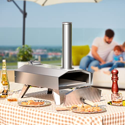 Giantex Outdoor Pizza Oven with 12'' Pizza Stone, Foldable Legs, Portable Stainless Steel Pizza Maker for Outside, Wood Pellet Fired Pizza Oven for Camping Picnic Backyard Family Gathering