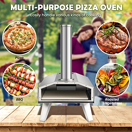 Giantex Outdoor Pizza Oven with 12'' Pizza Stone, Foldable Legs, Portable Stainless Steel Pizza Maker for Outside, Wood Pellet Fired Pizza Oven for Camping Picnic Backyard Family Gathering