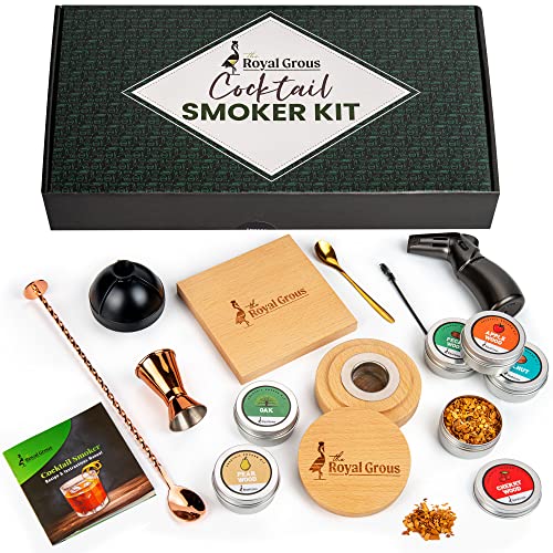 The Royal Grous Cocktail Smoker Kit with Torch - Old Fashioned Cocktail Kit - Bourbon, Whiskey Smoker Infuser Kit, Torch Kit with Chimney Smoker, Jigger, Ice Mold, Mixing Spoon, 6 Wood Chips Flavors, Smoke Board, Recipes (No Butane)