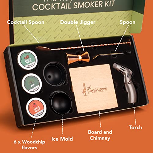 The Royal Grous Cocktail Smoker Kit with Torch - Old Fashioned Cocktail Kit - Bourbon, Whiskey Smoker Infuser Kit, Torch Kit with Chimney Smoker, Jigger, Ice Mold, Mixing Spoon, 6 Wood Chips Flavors, Smoke Board, Recipes (No Butane)