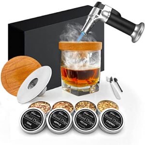 cocktail smoker kit with torch, whiskey smoker kit, bourbon smoker kit, older fashioned drink smoker kit with 4 favors wood chips, whiskey gifts for men/ husband/ dad (no butane)
