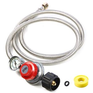 5ft adjustable propane regulator hose braided steel 0~30 psi gas flow indicator for fire pit, turkey fryer, burner, cooker, grill, firepit etc-csa certification, qcc1 x 3/8 female flare connection
