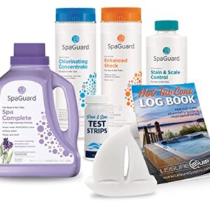 Deluxe Hot Tub Chemical Kit - Contains (SpaGuard Spa Complete, Chlorinating Concentrate, Enhanced Shock, Stain & Scale Control, Test Strips, LeisureQuip ScumBoat, LeisureQuip Spa Care Log Book)