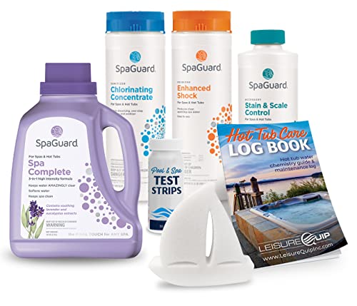 Deluxe Hot Tub Chemical Kit - Contains (SpaGuard Spa Complete, Chlorinating Concentrate, Enhanced Shock, Stain & Scale Control, Test Strips, LeisureQuip ScumBoat, LeisureQuip Spa Care Log Book)