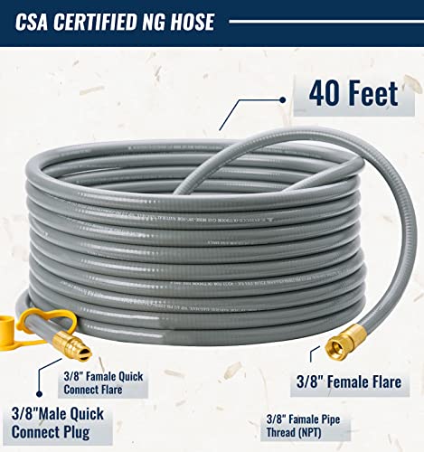 CALPOSE 40 Feet 3/8 inch ID Natural Gas Grill Hose with Quick Connect Fittings, Natural Gas Line for Grill, Pizza Oven, Heater and More Low Pressure Appliance